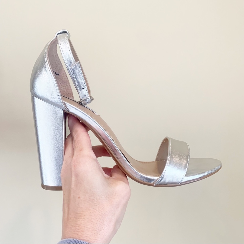 NEW Steve Madden Silver Carrson Strappy Block Heel Pumps 9.5 4”